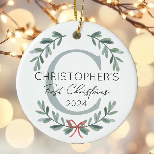 Ornamento De Cerâmica Bebê Primeiro Natal Verde Festivo Foto (Criador carregado)