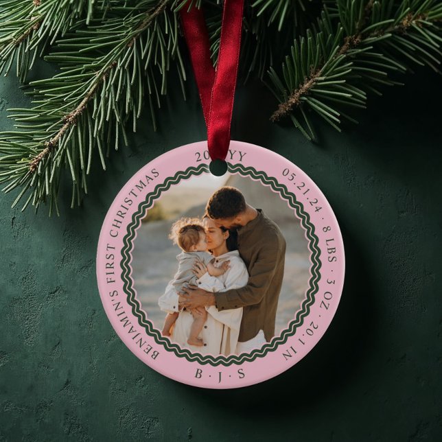Ornamento De Cerâmica Bebê Primeiro Natal Wavy Modern Mínimo 2 Foto (Baby First Christmas Wavy Modern Minimal 2 Photo Pink Ceramic Ornament)