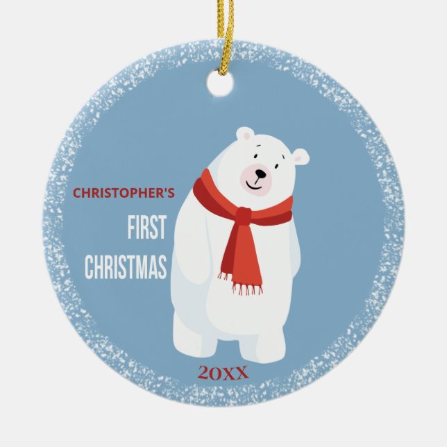 Ornamento De Cerâmica Bebê Primeiro Urso Polar Bonito de Natal (Frente)