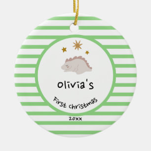 Ornamento De Cerâmica Bebê Rosa Dino  Primeira Faixa Verde de Natal