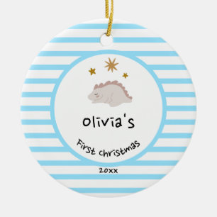 Ornamento De Cerâmica Bebê Rosa Dino Primeiro Natal Fita Azul