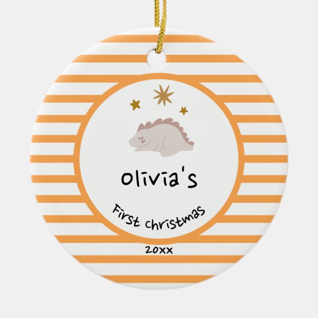 Ornamento De Cerâmica Bebê Rosa Dino | Primeiro Natal - Greve Laranja (Frente)