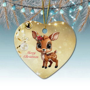 Ornamento De Cerâmica Bebê Veado, Cervo, Corça 🦌 🎄Feliz Natal Dourado