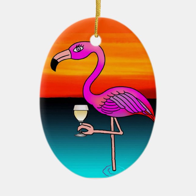 Ornamento De Cerâmica Bebendo de vinho rosa Flamingo personalizado (Frente)
