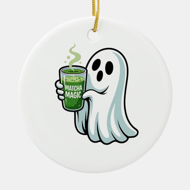 Ornamento De Cerâmica Bebendo Fantasma do Spookie Halloween Matcha Drink (Frente)