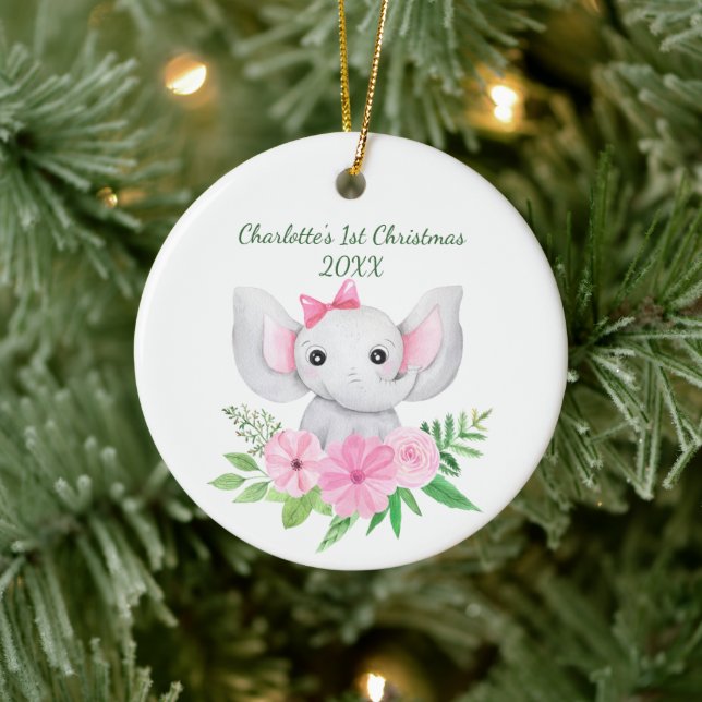 Ornamento De Cerâmica Bebês 1rua Elefante Rosa-de-Natal Floral Verde (Árvore)