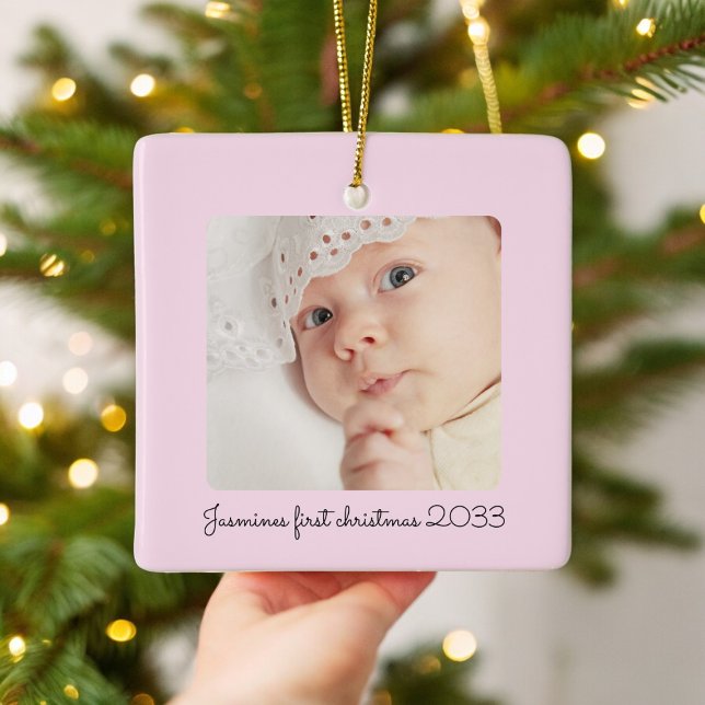 Ornamento De Cerâmica bebês de fotos rosa modernos primeiro Natal (minimal pink photo babys first christmas ornament , minimalist classic design , keepsake )