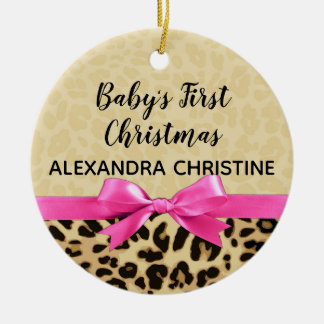 Ornamento De Cerâmica Bebês de Natal Primeiro Ano do Arco Rosa-Leopardo
