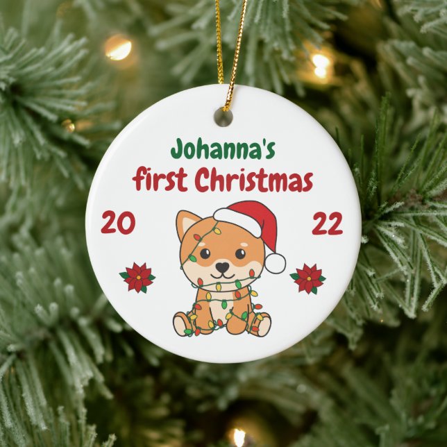Ornamento De Cerâmica Bebês de Natal Shiba Inu primeiro Natal (Árvore)