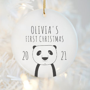 Ornamento De Cerâmica Bebês de Panda Bonitos Primeiro Natal Preto Branc