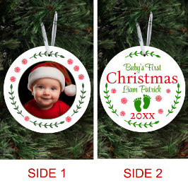 Ornamento De Cerâmica Bebês Foto do Primeiro Natal Floco de Neve Vermelh