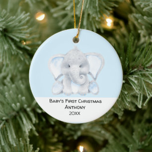 Ornamento De Cerâmica Bebês Personalizados de Elefante Azul Primeiro Na