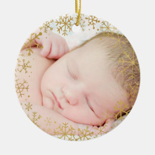 Ornamento De Cerâmica Bebês Primeiro Natal - Flocos de neve Dourados Pe