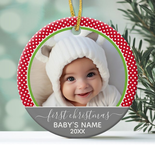 Ornamento De Cerâmica Bebês Primeiro Natal - Foto do bolinhas (Personalized Photo Ornament - Baby's First Christmas)