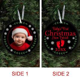 Ornamento De Cerâmica Bebês Primeiro Natal Foto Flocos de Neve e Laurel
