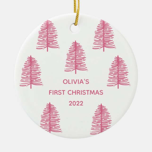 Ornamento De Cerâmica Bebês Rosa Personalizados Primeira Árvore de Natal (Frente)
