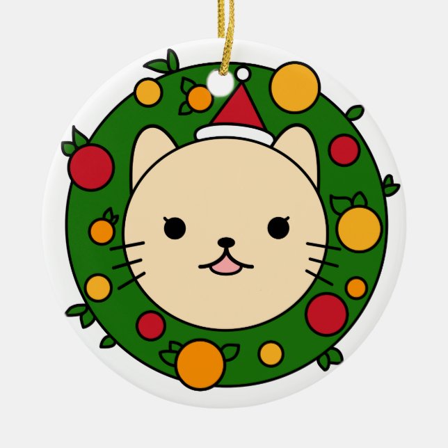 Ornamento De Cerâmica Beige Cat Christmas Wreath | Red Hat Custom (Frente)