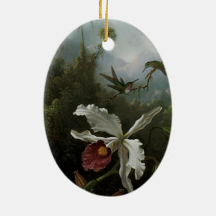Ornamento De Cerâmica Beija-flores e Orquídea Branca por Martin J. Heade