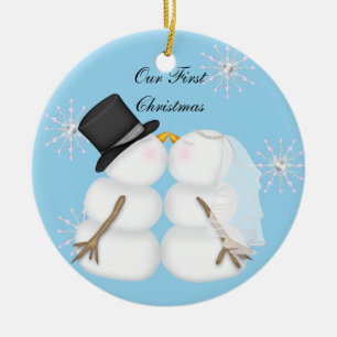 Ornamento De Cerâmica Beijando bonecos de neve casou nosso ø floco de