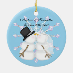 Ornamento De Cerâmica Beijando bonecos de neve casou nosso primeiro