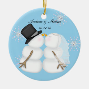 Ornamento De Cerâmica Beijando bonecos de neve casou nosso primeiro