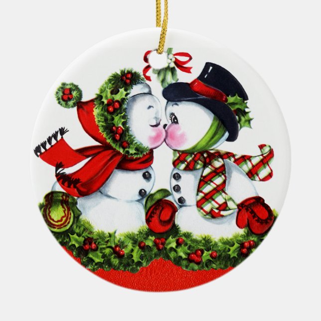 Ornamento De Cerâmica Beijando o casal do boneco de neve (Frente)