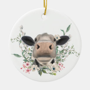 Ornamento De Cerâmica beijo de nariz de vaca flores aquarela cinza anima