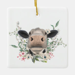 Ornamento De Cerâmica beijo de nariz de vaca flores aquarela cinza anima