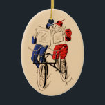 Ornamento De Cerâmica Beijo em tandem da leitura do casal da bicicleta<br><div class="desc">Esta imagem era original parte de um impressão 1896 de um casal em um beijo em tandem da bicicleta. Hoje montam sua maneira sobre aos produtos perfeitos para a casa,  o escritório e a viagem in-between.</div>