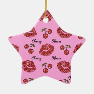 Ornamento De Cerâmica Beijos de Cereja Rockabilly RAB em Rosa