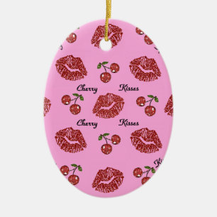 Ornamento De Cerâmica Beijos de Cereja Rockabilly RAB em Rosa