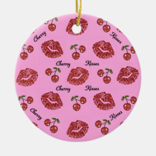 Ornamento De Cerâmica Beijos de Cereja Rockabilly RAB em Rosa