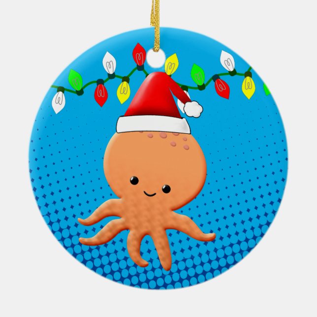 Ornamento De Cerâmica Bela caricatura Octopus Santa Hat Luzes de Natal (Traseira)