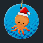 Ornamento De Cerâmica Bela Caricatura Octopus Santas Hat<br><div class="desc">Um polvo de cartoon laranja giro com chapéu de Papai noel. Fundo azul. Enfeites de natal para bebês animais. Ideia de presente para crianças.</div>