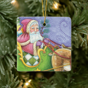 Ornamento De Cerâmica Bela Cartoon Natal Papai Noel Sleigh Reindeer