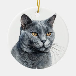 ORNAMENTO DE CERÂMICA BELA COR DE ÁGUA RUSSA, ROSTO AZUL DE GATO