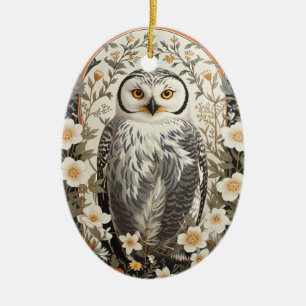 Ornamento De Cerâmica Bela Coruja da Neve Inspirada em William Morris