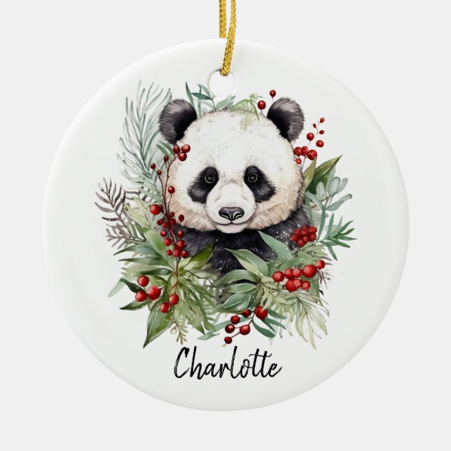 Ornamento De Cerâmica Bela Panda Feliz Natal Botânica de inverno (Frente)