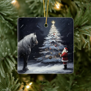 Ornamento De Cerâmica Bela Papai noel e Belo Cavalo