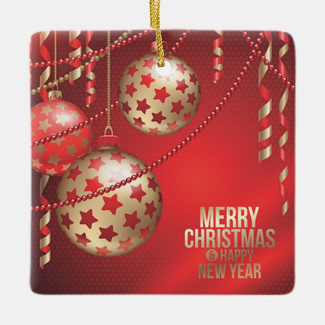 Ornamento De Cerâmica Bela praça de Natal Vermelha e Ouro (Frente)
