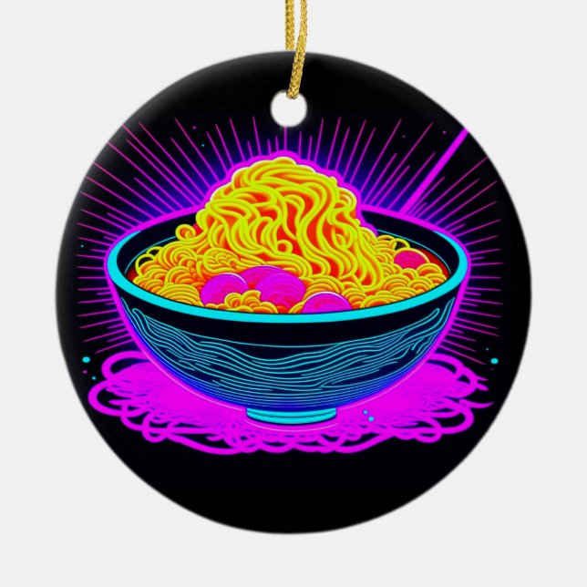Ornamento De Cerâmica Bela tigela Neon com Ramen Noodles (Frente)