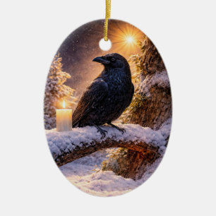 Ornamento De Cerâmica Bela Vela do Corvo na Neve Yule Solstício