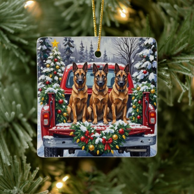 Ornamento De Cerâmica Belgian Malinois Christmas Red Truck Holiday (Árvore)