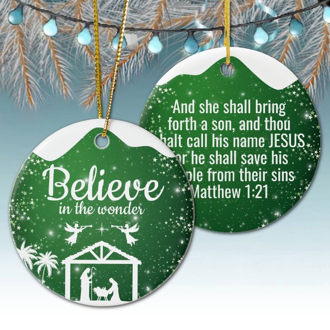 Ornamento De Cerâmica Believe in the wonder Manger Divine Passage ⛪️ 🎄 (Believe in the wonder, Religious Holiday Ceramic Ornament with green star sparkle, Nativity Scene ✞)