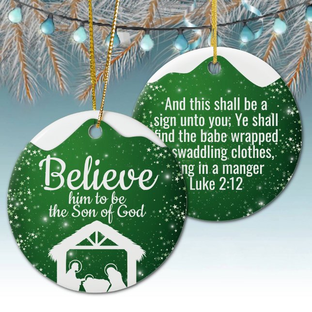 Ornamento De Cerâmica Believe, religious Christmas Nativity Scene ⛪️ 🎄 (festive holiday design religious christmas son of god winter wonderland luke 2:12 bible scripture 🎄)