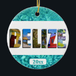 Ornamento De Cerâmica Belize Tropical Beach Blue Ocean Natal<br><div class="desc">Mostre a todos o seu amor pelo país de Belize com este Enfeites de natal contendo fotos de Ambergris Caye,  Caye Caulker,  e ruínas maias impostas sobre um fundo oceânico azul tropical. Adicione o ano de sua escolha.</div>