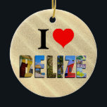 Ornamento De Cerâmica Belize Tropical Sand Beach Viagem Fotos do Natal<br><div class="desc">Mostre a todos o seu amor pelo país de Belize com este ornamento contendo fotos de Ambergris Caye,  Caye Caulker,  e ruínas maias impostas sobre um fundo de praia de areia tropical.</div>