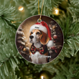 Ornamento De Cerâmica Belo Beagle com Papai Noel
