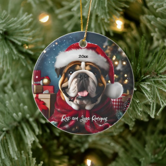 Ornamento De Cerâmica Belo Buldogue com Papai Noel (Árvore)