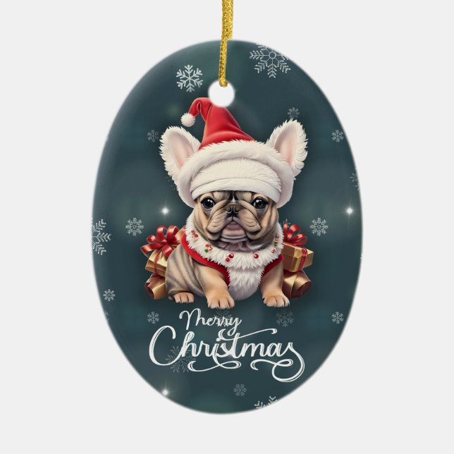 Ornamento De Cerâmica Belo Bulldog Francês Santa Hat Feliz Natal (Frente)